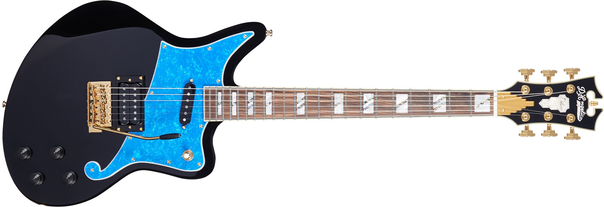 Deluxe Bedford Black with Blue Pearl Pickguard and Tremolo front