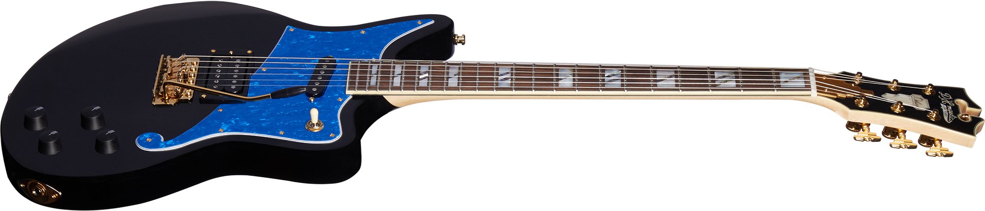 Deluxe Bedford Black with Blue Pearl Pickguard and Tremolo angle