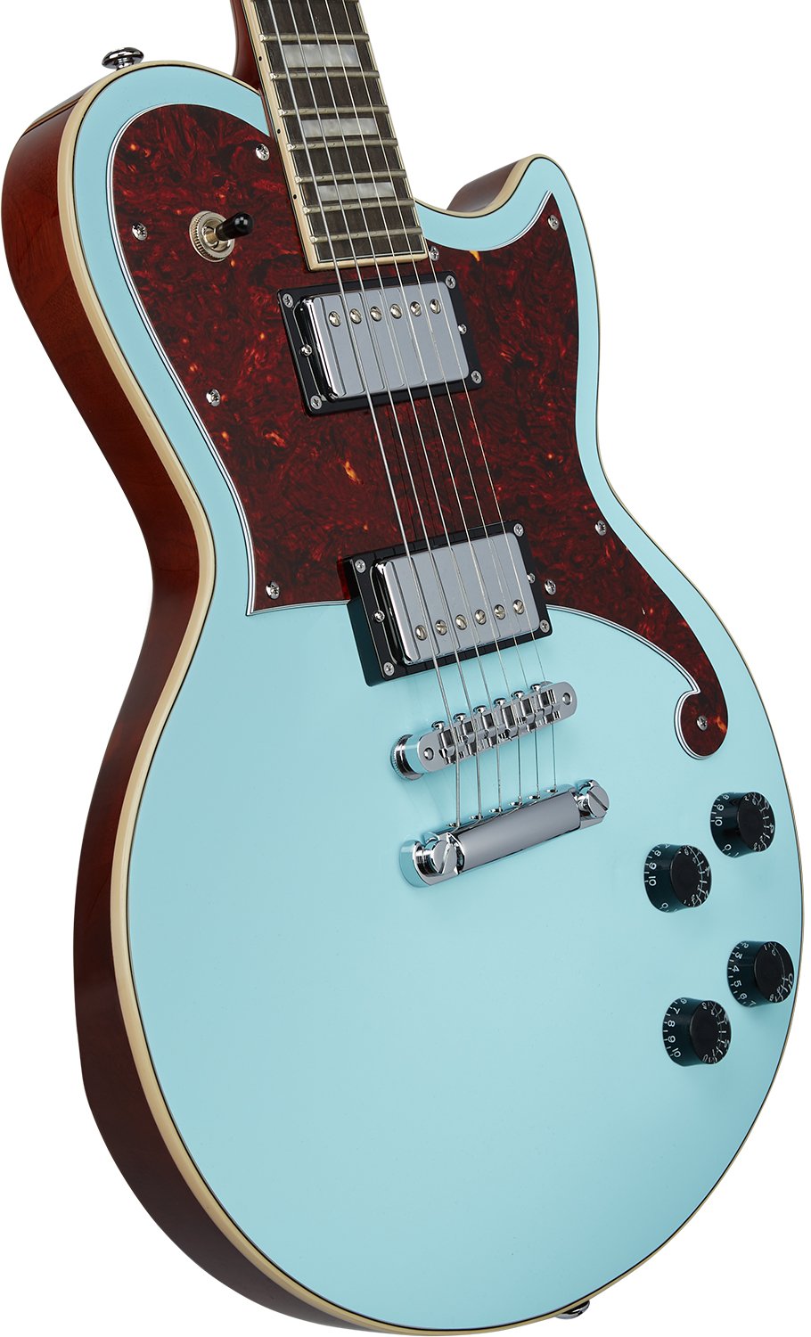 Premier Atlantic Sky Blue Top, Natural Mahogany Back and Sides bodyup