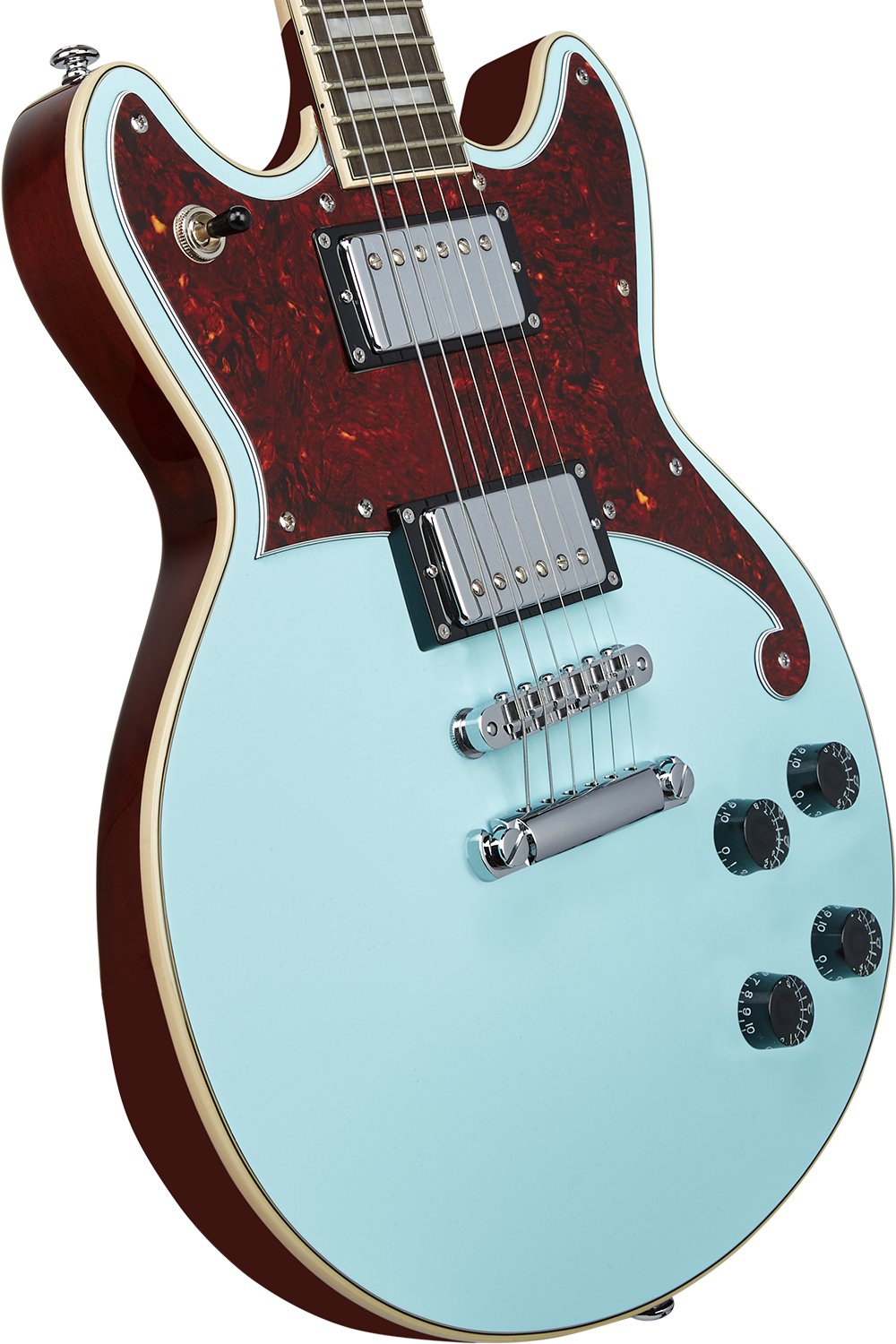 Premier Brighton Sky Blue Top, Natural Mahogany Back and Side angle